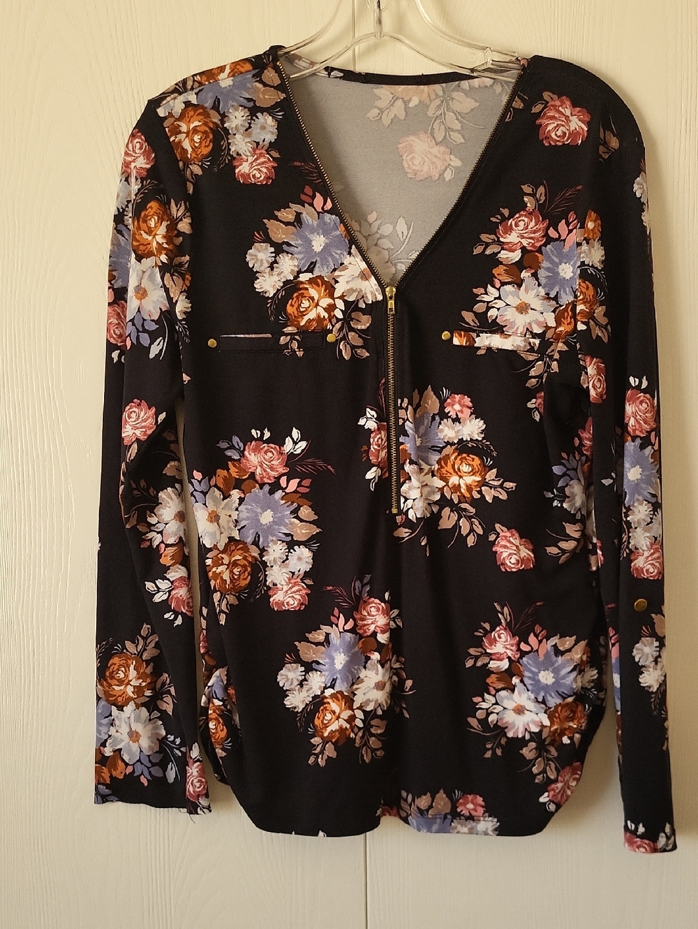 Floral Zip-Front Black Long Sleeve Top